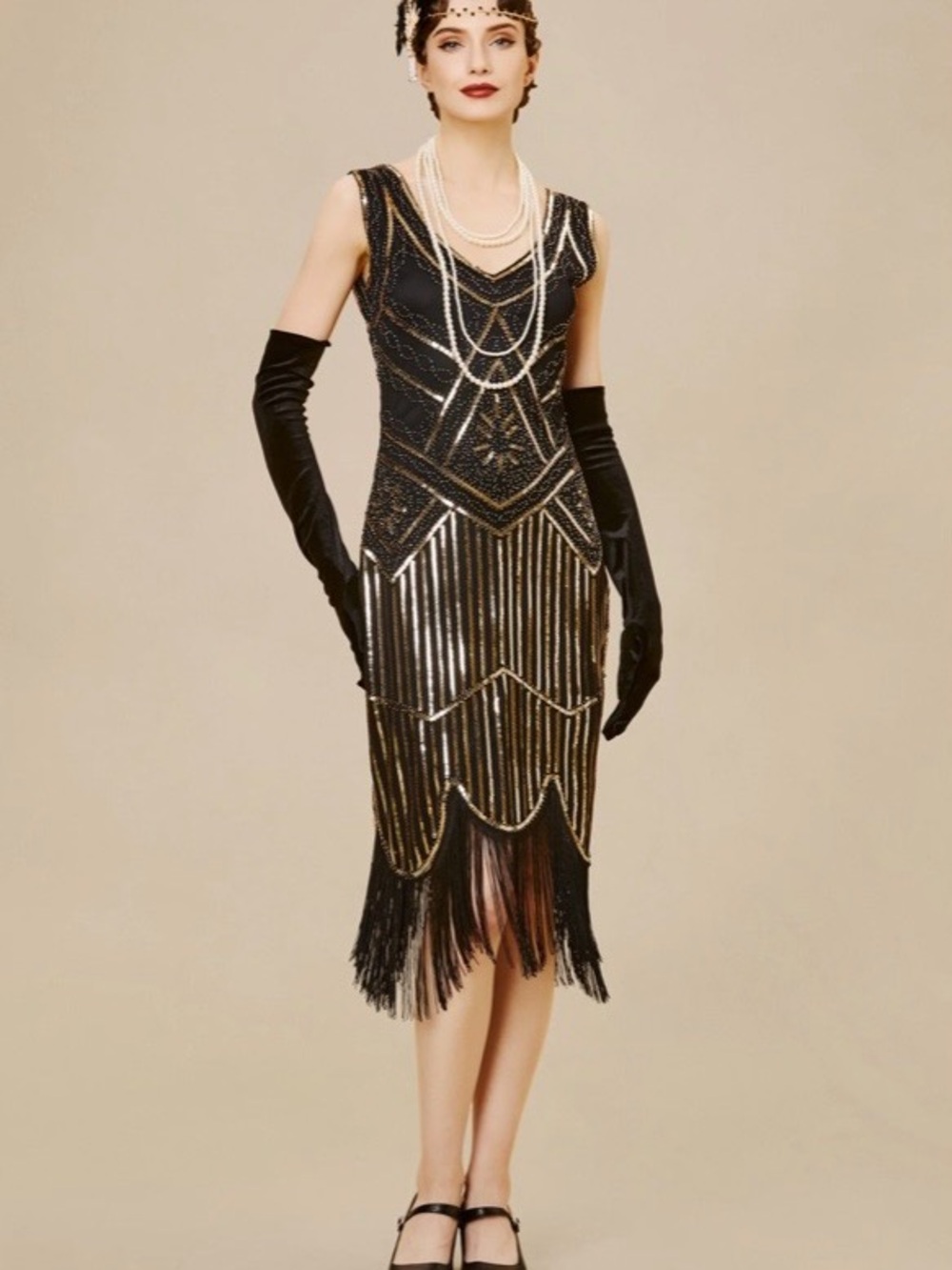 Art Deco Beaded Black and Gold Fringed Midi Dress